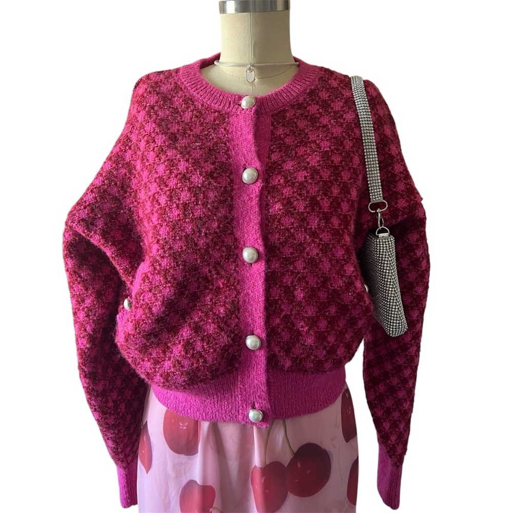 Zara Hot Pink and Magenta Textured Knit Cardigan w/ Pearl Buttons Size S